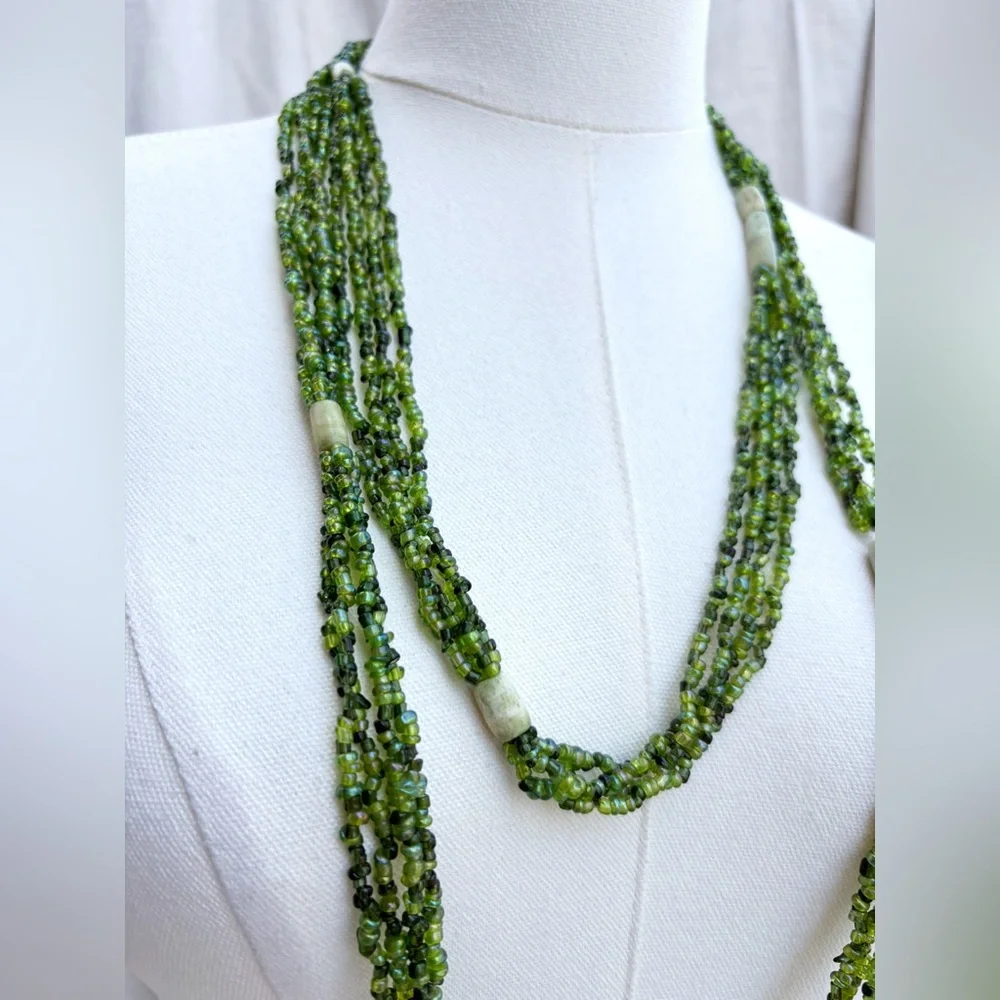 Bohemian Multi Strand Micro Art Glass Bead Torsade Green‎ Statement Necklace - Picture 5 of 6